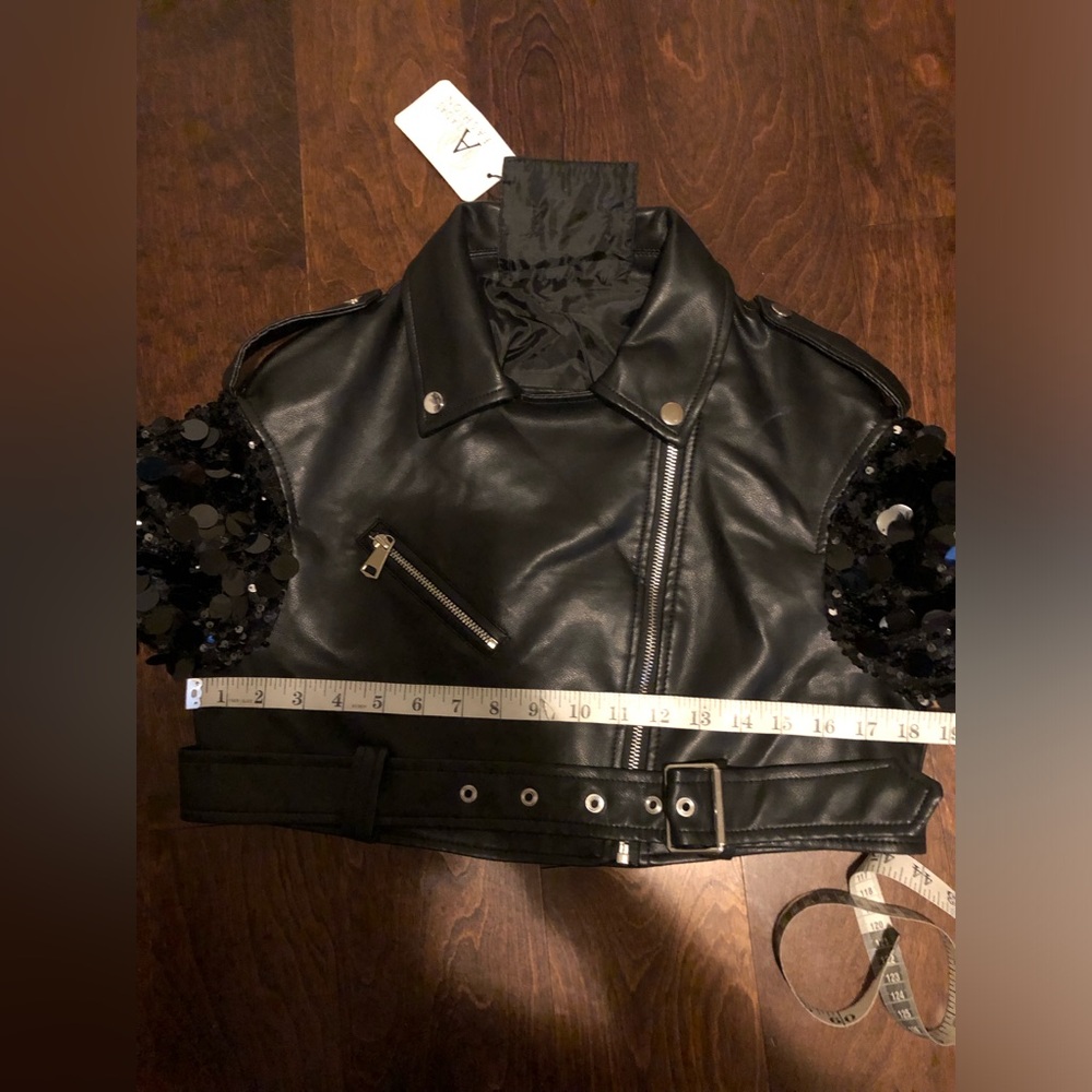 Faux Black Leather Jacket with Sequin Sleeves - Picture 5 of 5